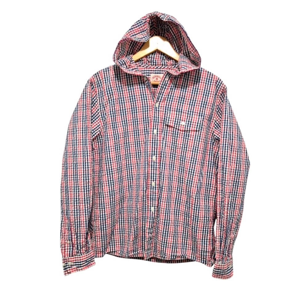 Brooks Brothers MEDIUM Seersucker Hooded Shirt Red White Blue Academia